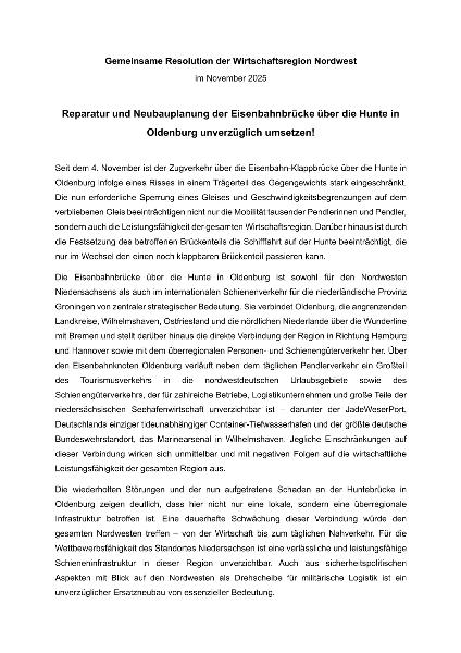 Gemeinsame Resolution der Wirtschaftsregion Nordwest